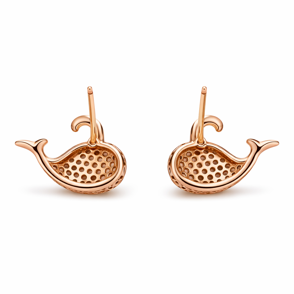 Back view of anti-tarnish gold plated whale stud earrings showing perforated detailing and smooth polished finish
