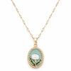 Anti tarnish gold plated floral pendant necklace with stainless steel chain displayed on white background for women