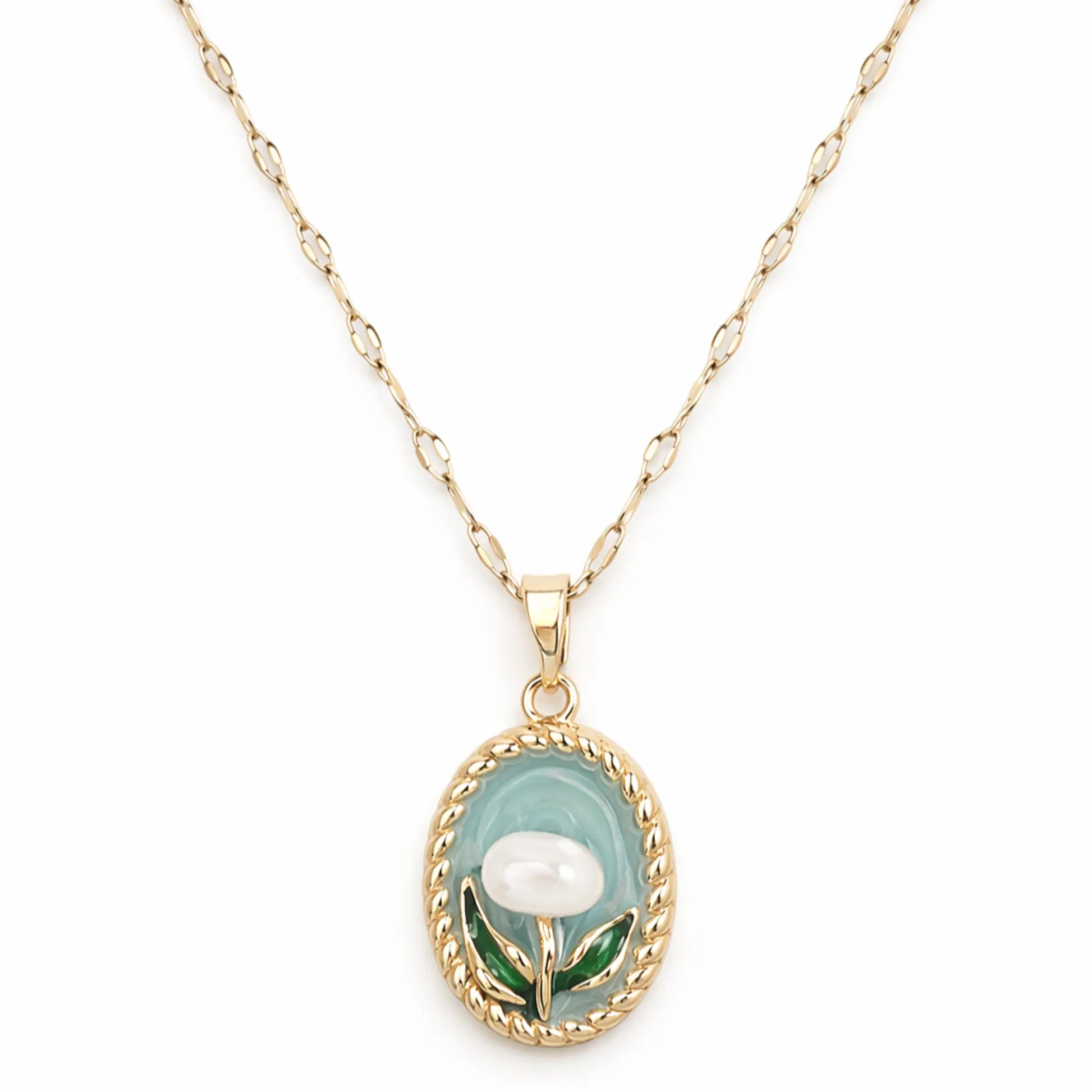 Anti tarnish gold plated floral pendant necklace with stainless steel chain displayed on white background for women