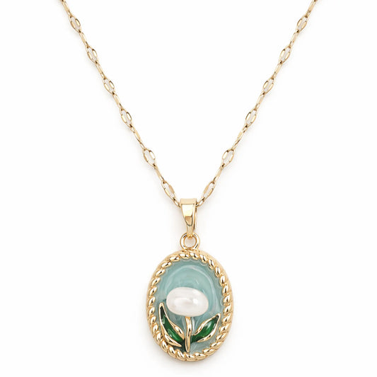 Anti tarnish gold plated floral pendant necklace with stainless steel chain displayed on white background for women