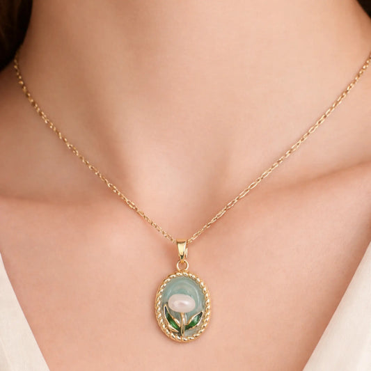 Anti tarnish gold plated floral pendant necklace worn on model’s neck showcasing elegant drop length and everyday wear styling.