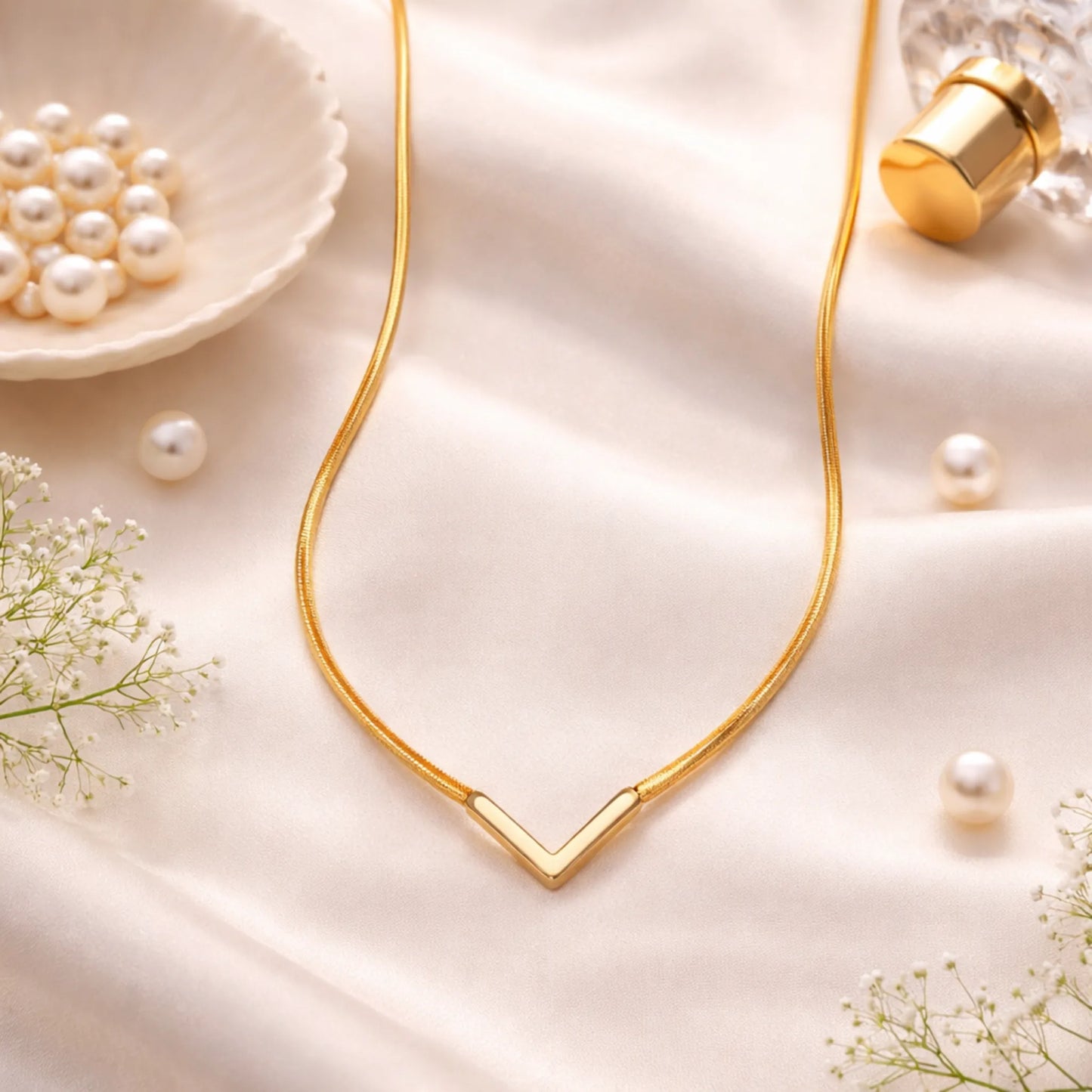Gold necklace on a soft beige surface with pearls and flowers