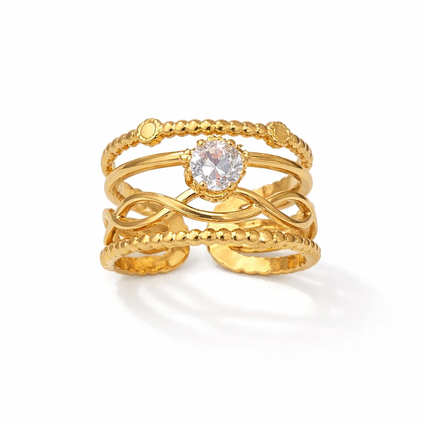 Top view of Yubiraa adjustable gold solitaire ring with infinity knot motif and round white stone
