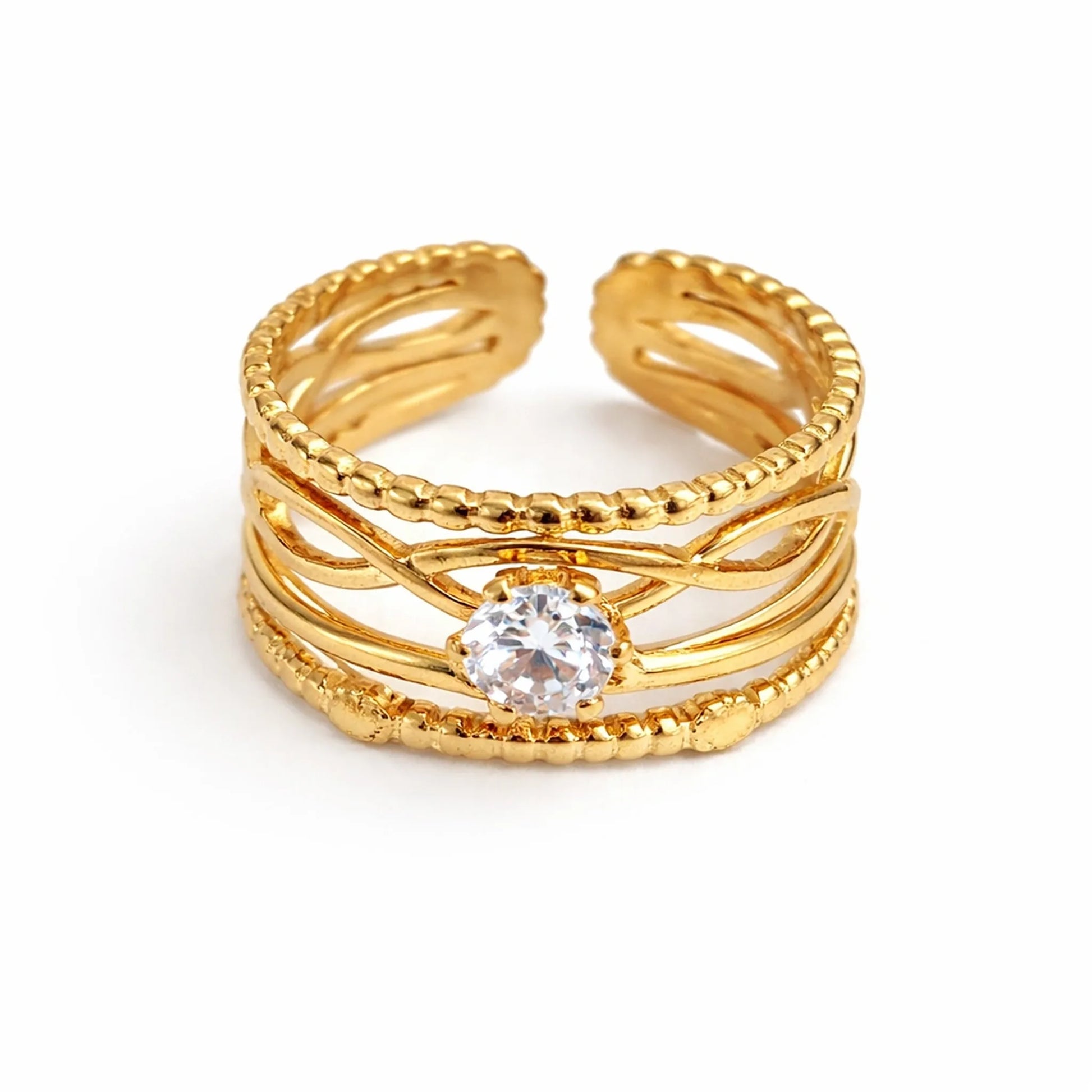 Side view of adjustable gold infinity knot solitaire ring highlighting layered band design and handcrafted gold finish