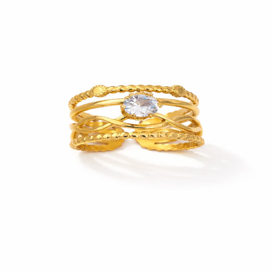 Anti-tarnish adjustable gold unbroken love solitaire ring with infinity knot design and round white stone on pure white background