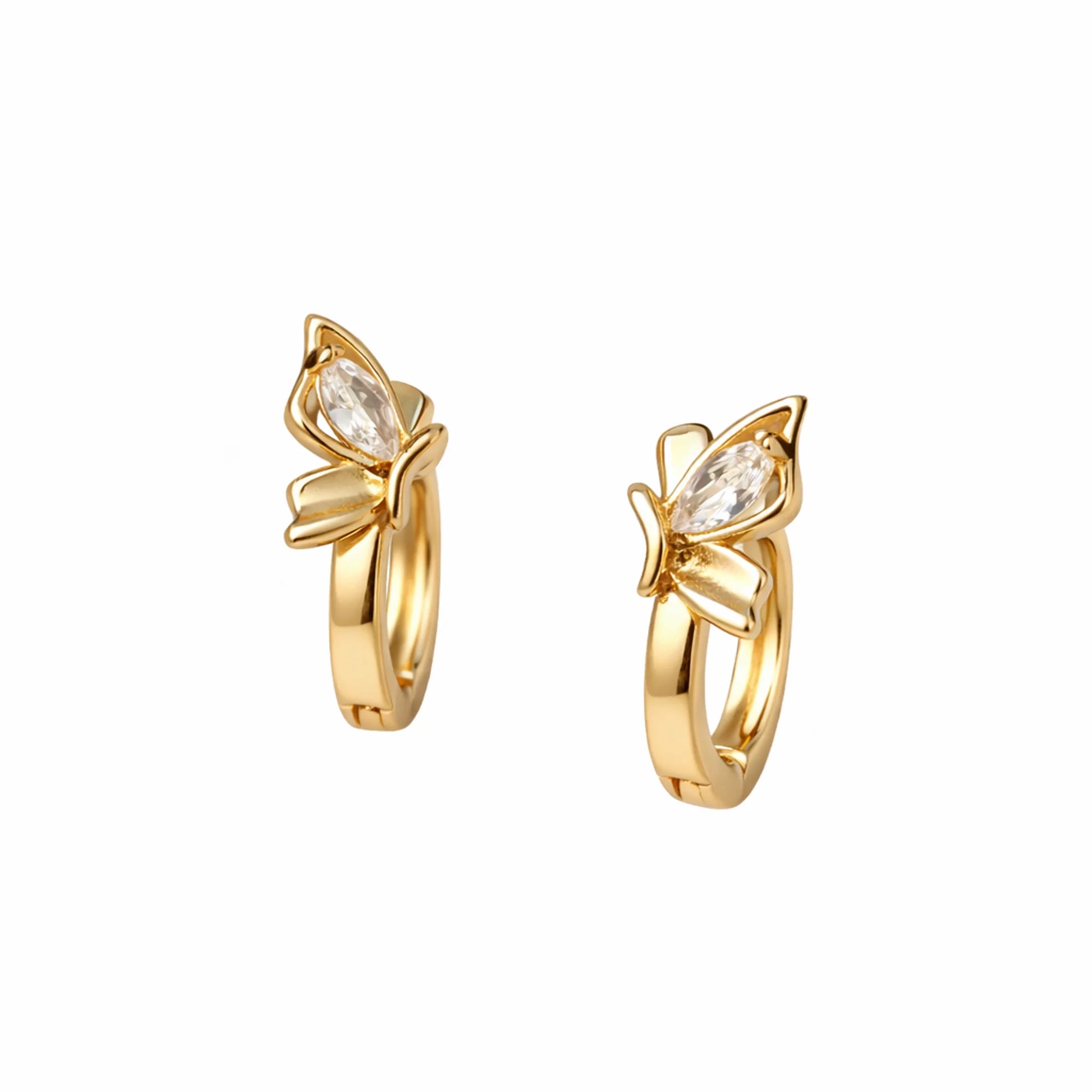 Gold hoop earrings with butterfly design and clear gemstones on a white background