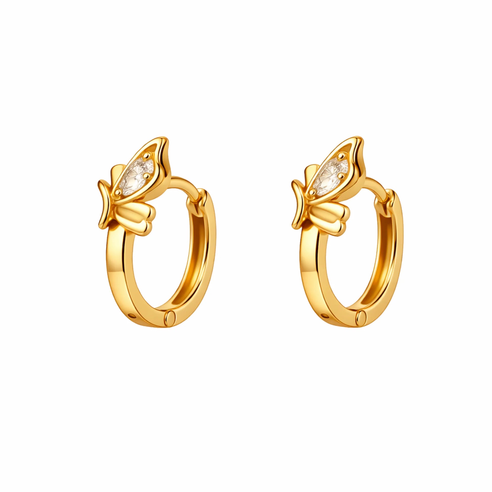 Side view of butterfly gold huggie earrings featuring marquise stone detail
