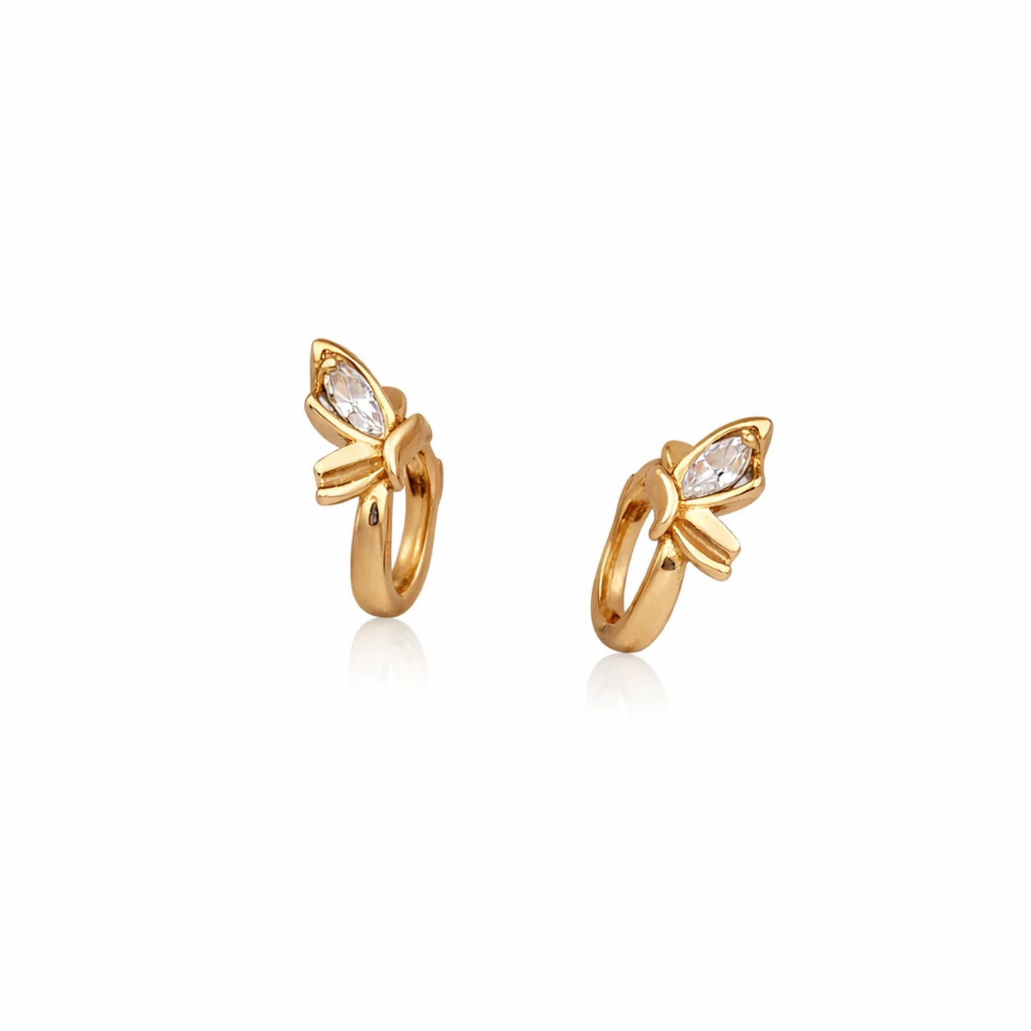 Butterfly gold huggie earrings showing hinged clasp and marquise stone setting
