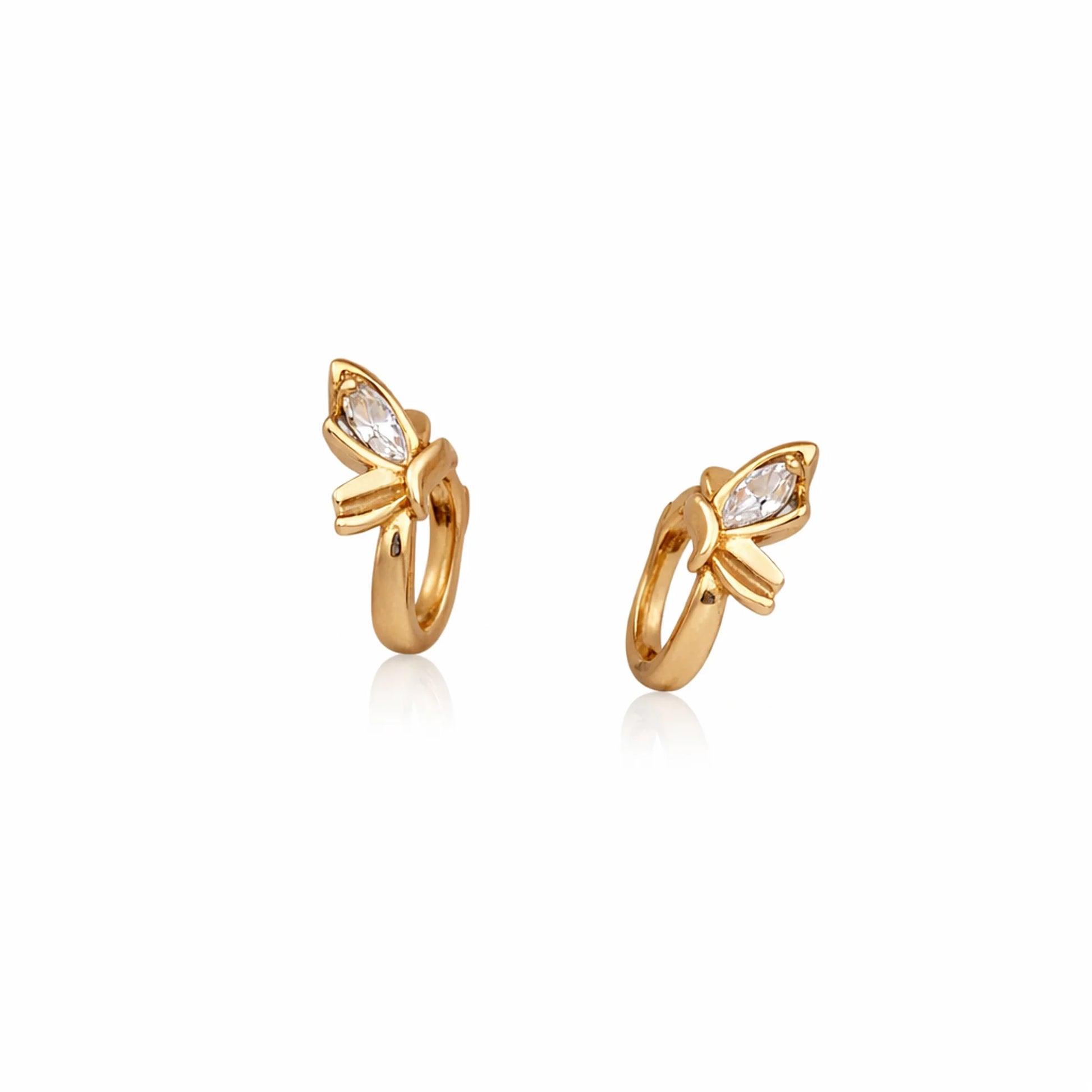 Butterfly gold huggie earrings showing hinged clasp and marquise stone setting