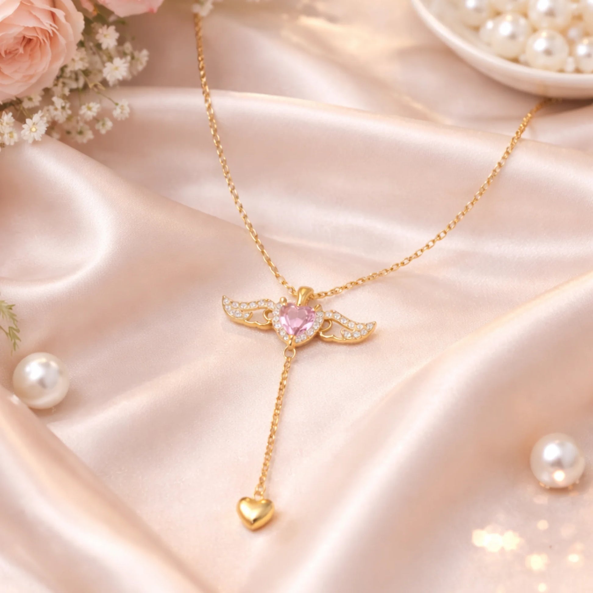 Gold necklace with a pink heart pendant on a satin surface with pearls and flowers.