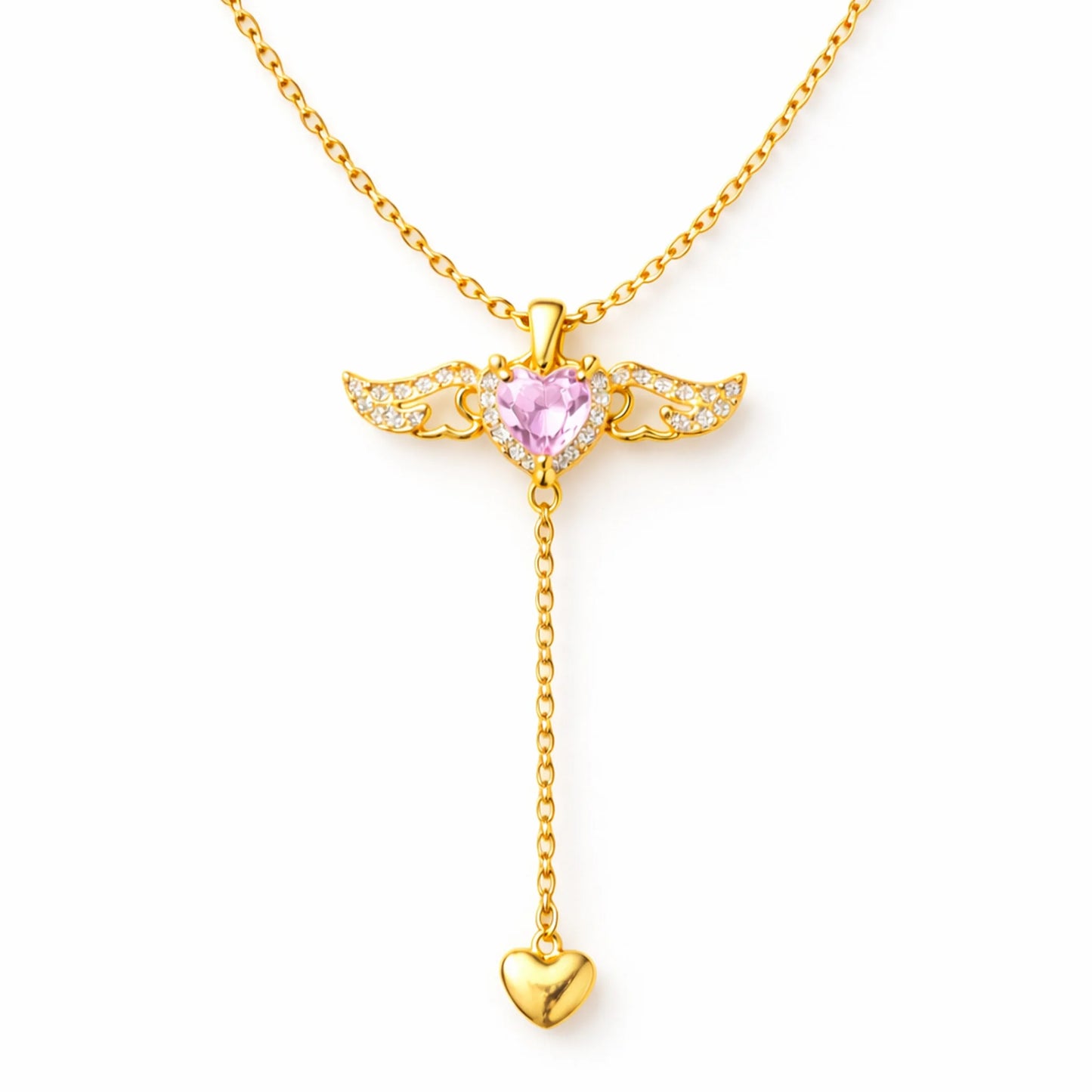 Gold necklace with a pink heart-shaped pendant on a white background