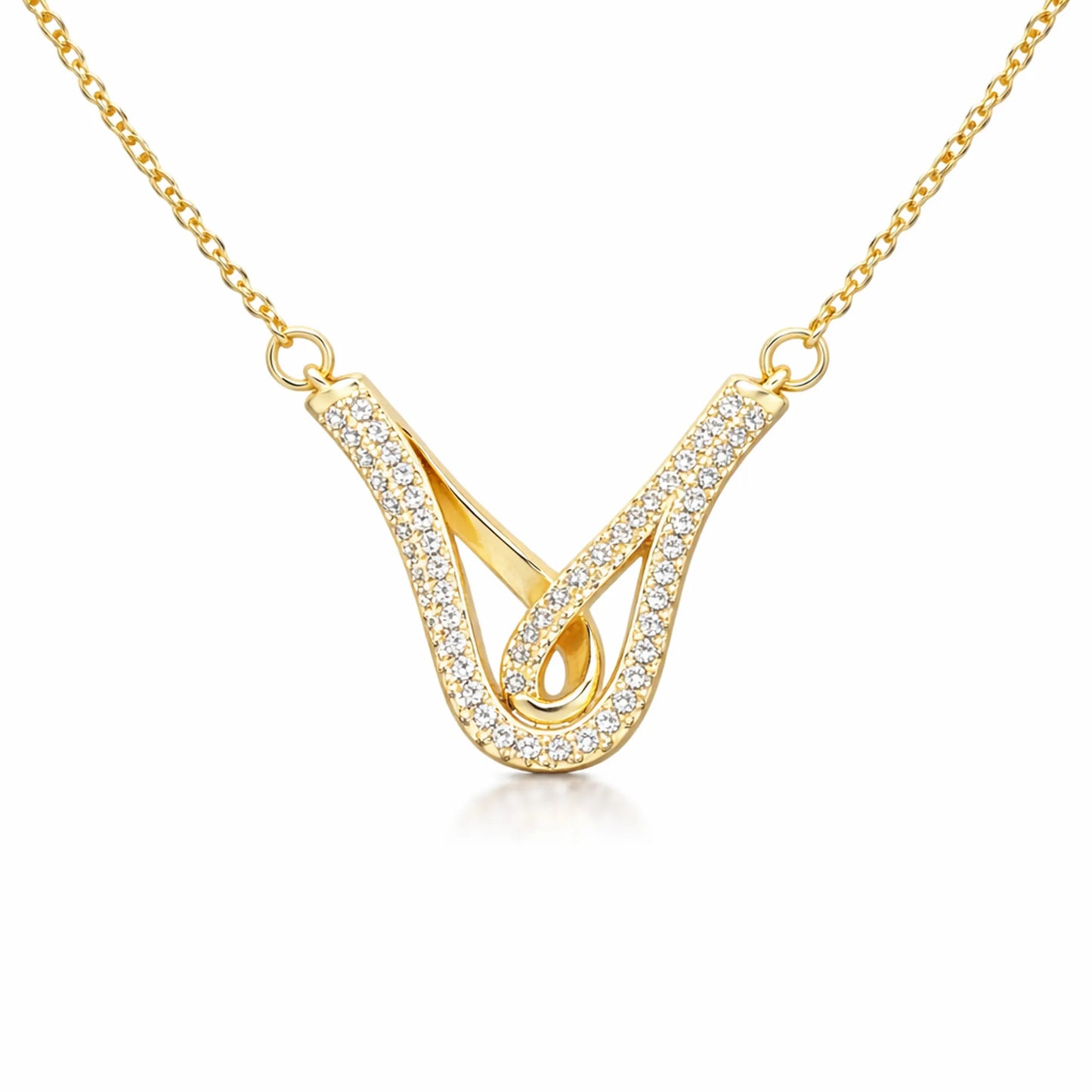 Close up view of Yubiraa Aura Loop Necklace highlighting cubic zirconia detailing and gold plated finish
