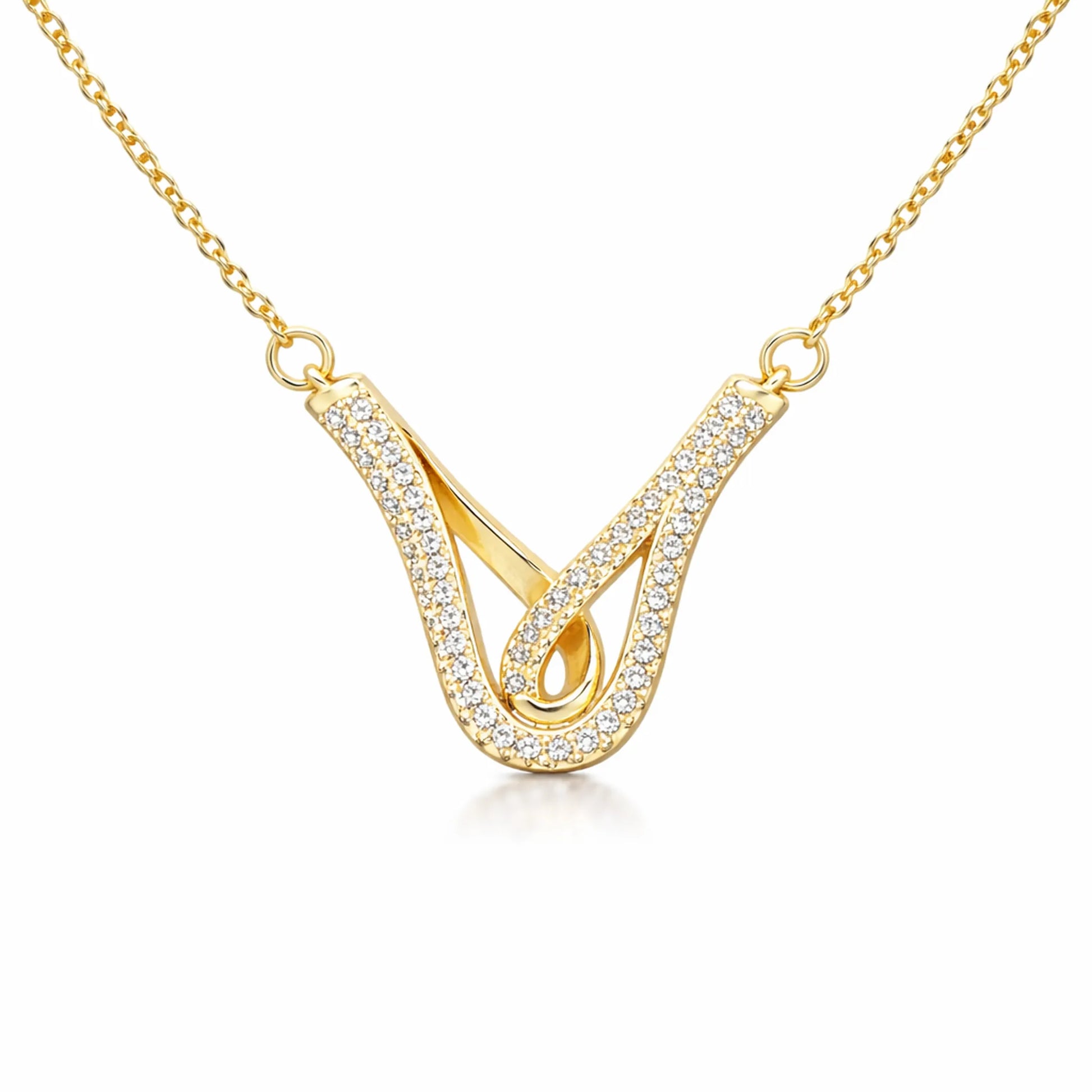 Close up view of Yubiraa Aura Loop Necklace highlighting cubic zirconia detailing and gold plated finish