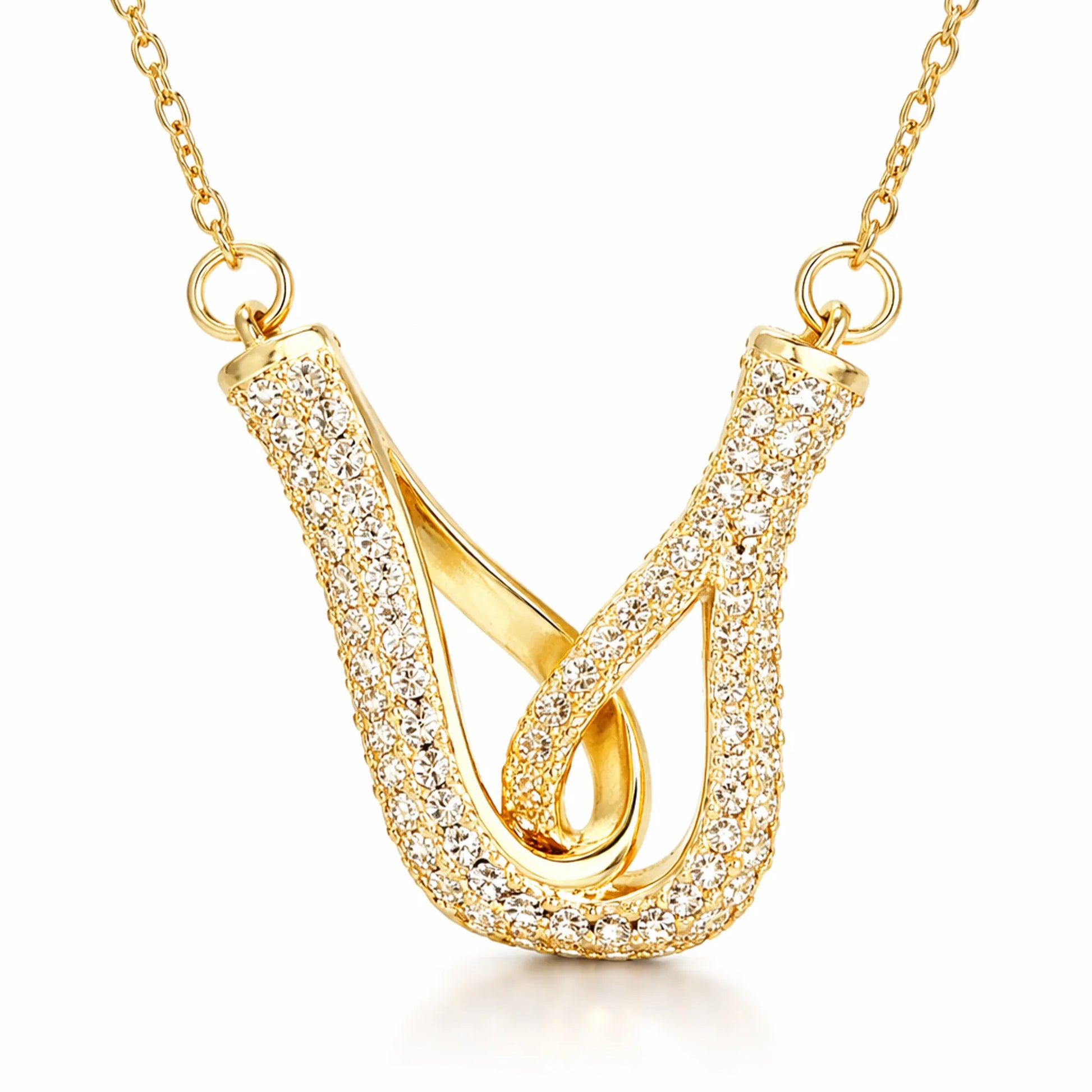 Full close up view of Yubiraa Aura Loop Necklace highlighting cubic zirconia detailing and gold plated finish