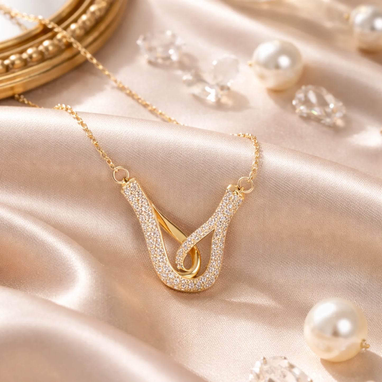 Yubiraa Aura Loop Necklace styled in luxury lifestyle flatlay with satin fabric and pearls for elegant jewellery presentation