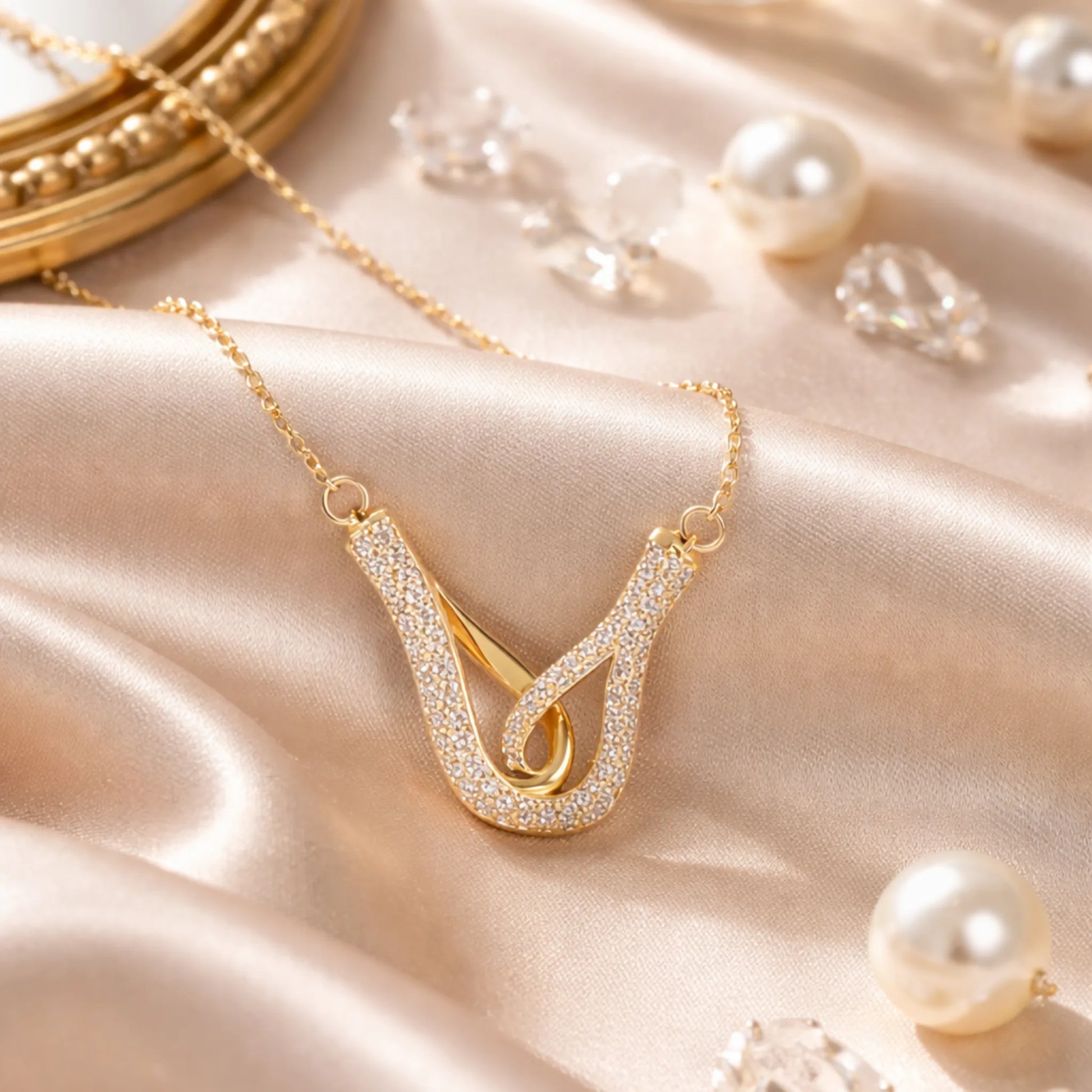 Yubiraa Aura Loop Necklace styled in luxury lifestyle flatlay with satin fabric and pearls for elegant jewellery presentation