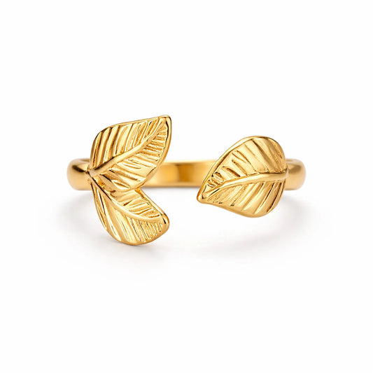 YUBIRAA leaf design gold adjustable ring with detailed vein engraving, modern botanical jewellery