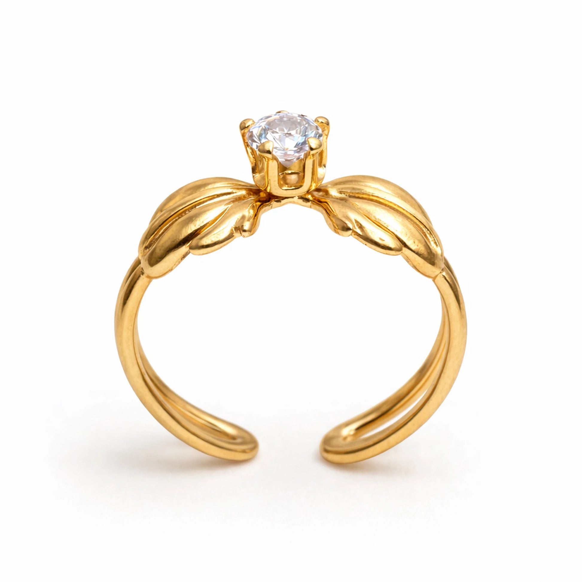 Adjustable anti-tarnish bow-design gold ring showing open band and solitaire stone on white background – YUBIRAA