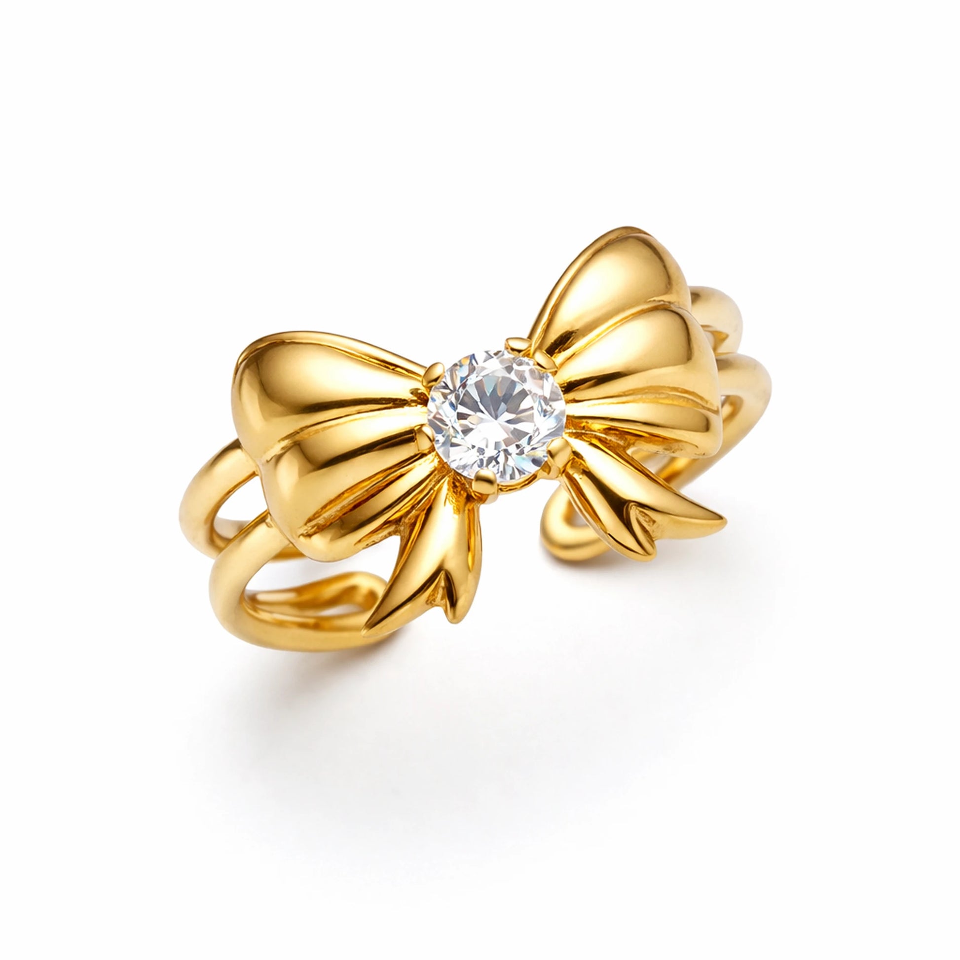 Anti-tarnish adjustable bow-design gold ring with solitaire stone in angled view on white background – YUBIRAA