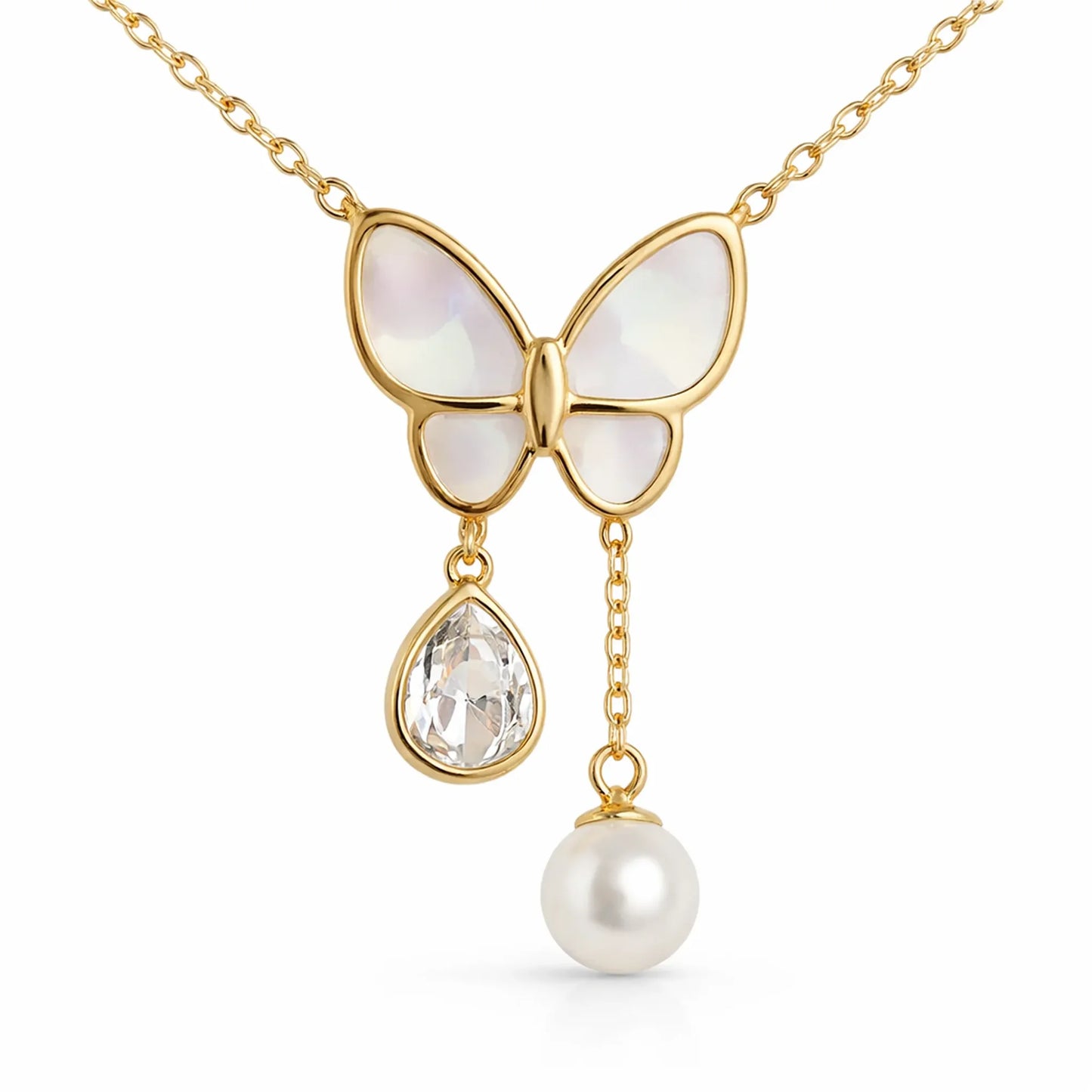 Close-up of butterfly pendant necklace in gold tone featuring mother-of-pearl wings, crystal drop and pearl chain detail