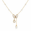Butterfly pendant gold necklace with pearl accents and crystal drop, elegant minimal design on white background