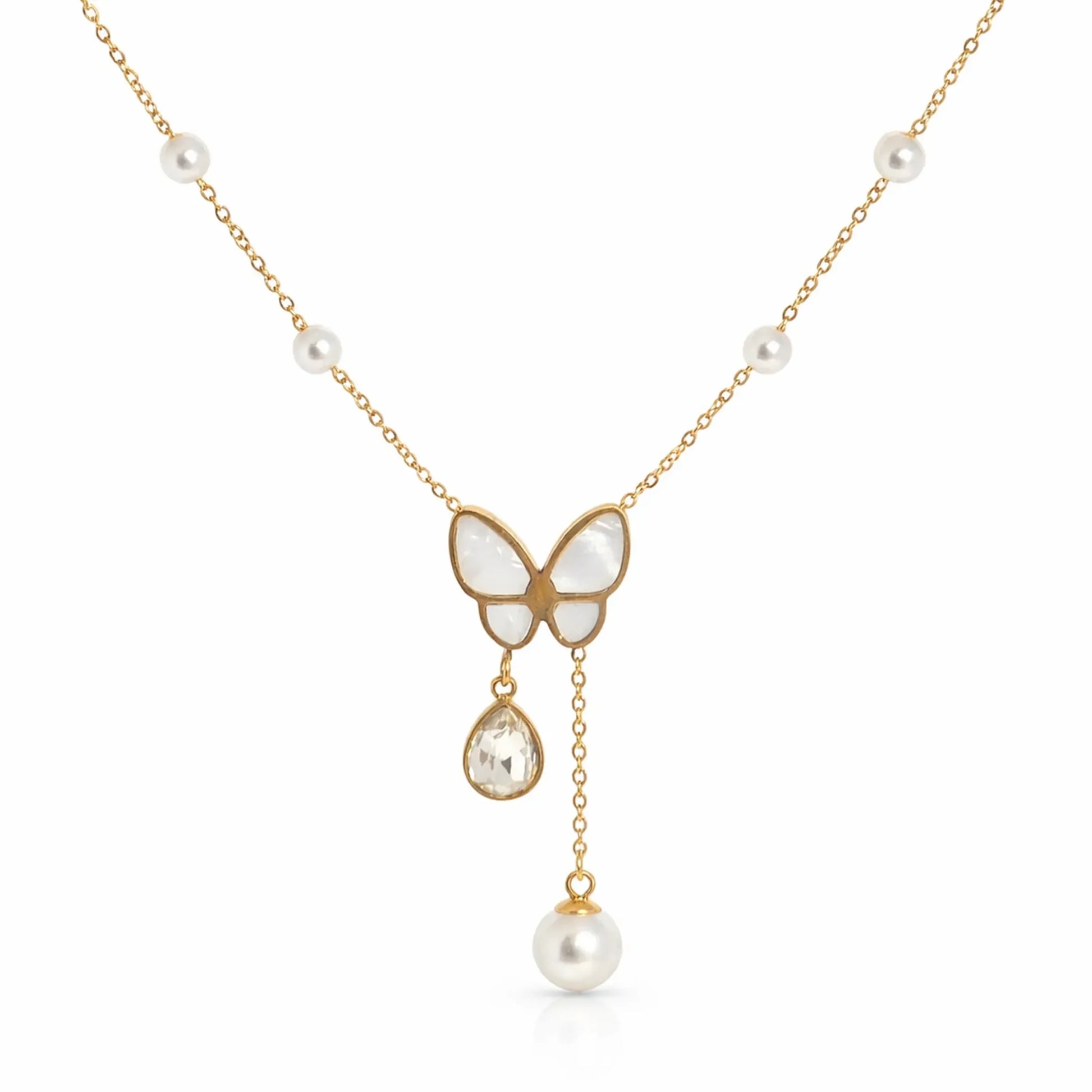 Butterfly pendant gold necklace with pearl accents and crystal drop, elegant minimal design on white background