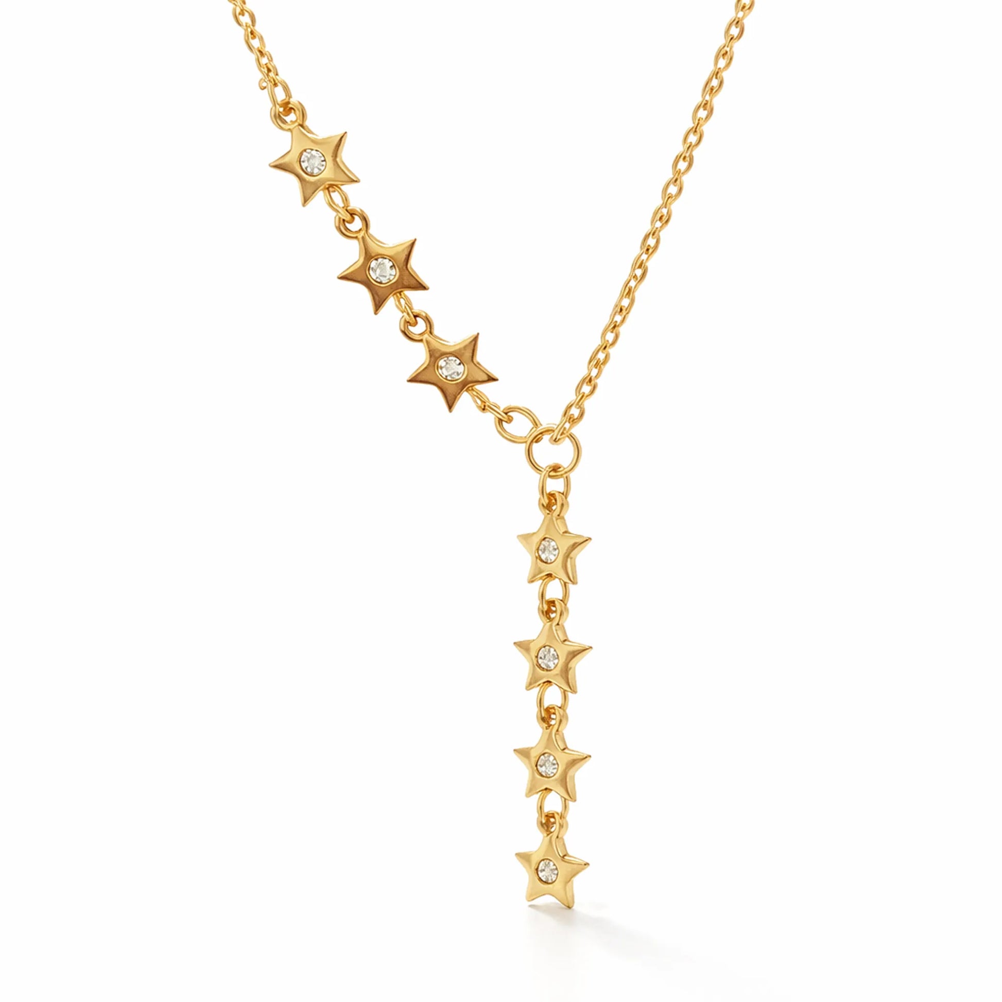 Yubiraa anti tarnish gold star necklace close up showing crystal set star charms and chain detail