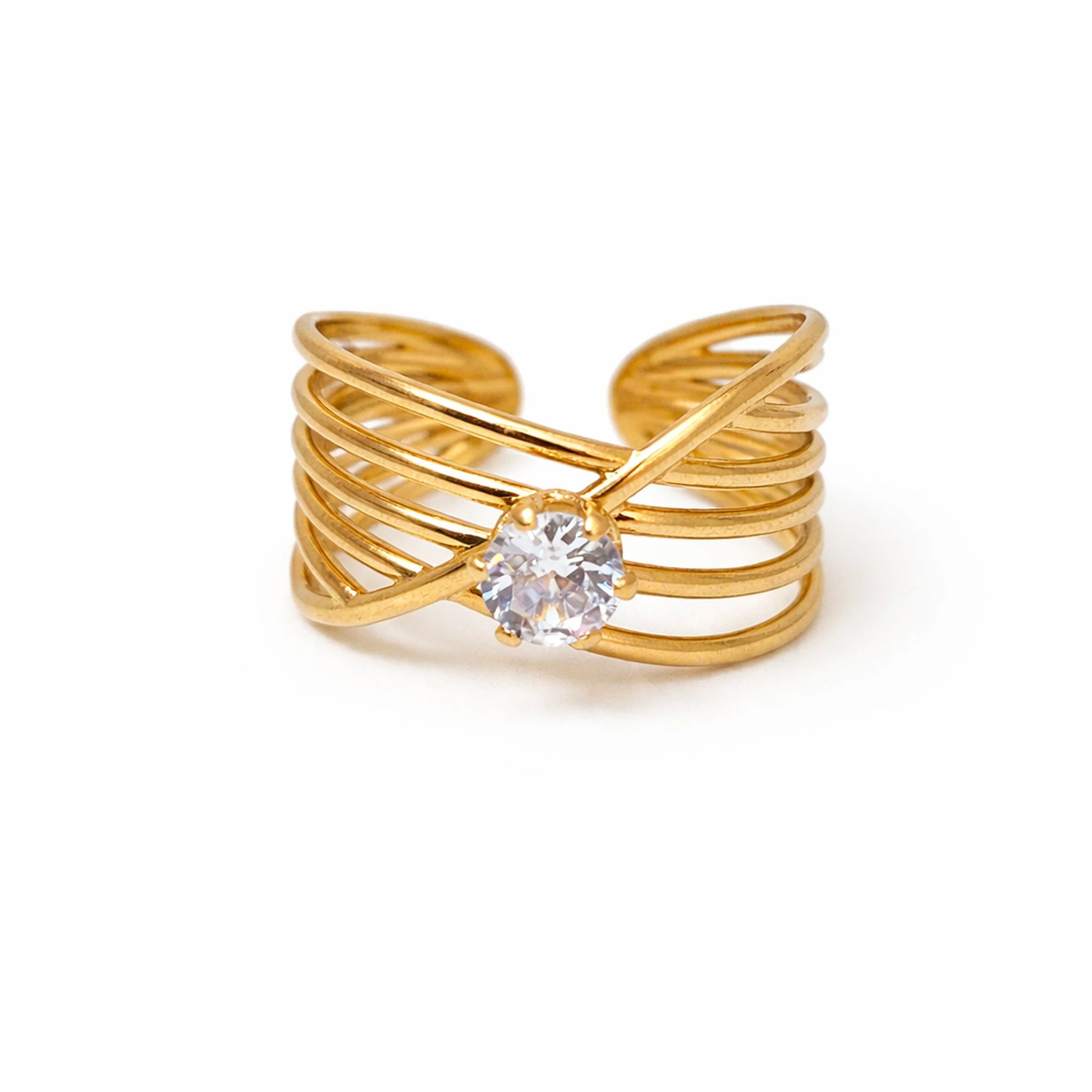 Anti-tarnish adjustable multi-band crossover gold ring with solitaire stone on white background – YUBIRAA