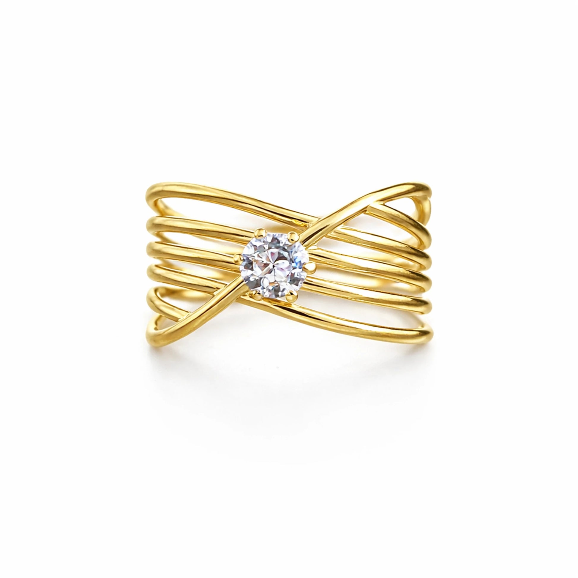 Anti-tarnish adjustable multi-band gold ring with solitaire stone on white background – YUBIRAA
