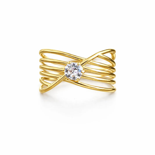 Anti-tarnish adjustable multi-band gold ring with solitaire stone on white background – YUBIRAA