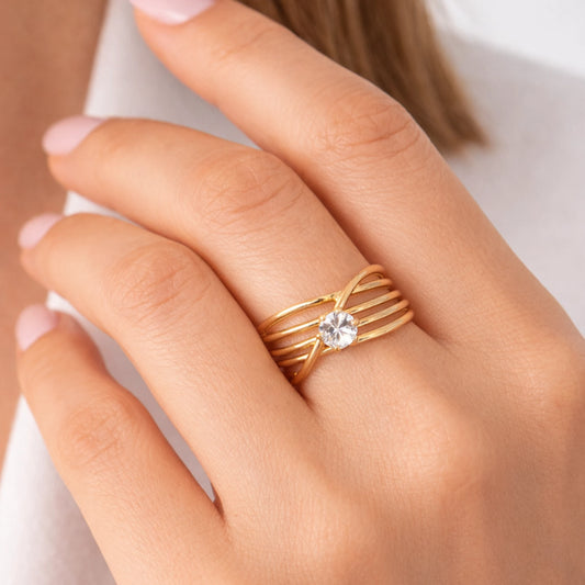 Model wearing anti-tarnish adjustable multi-band gold ring with solitaire stone – YUBIRAA