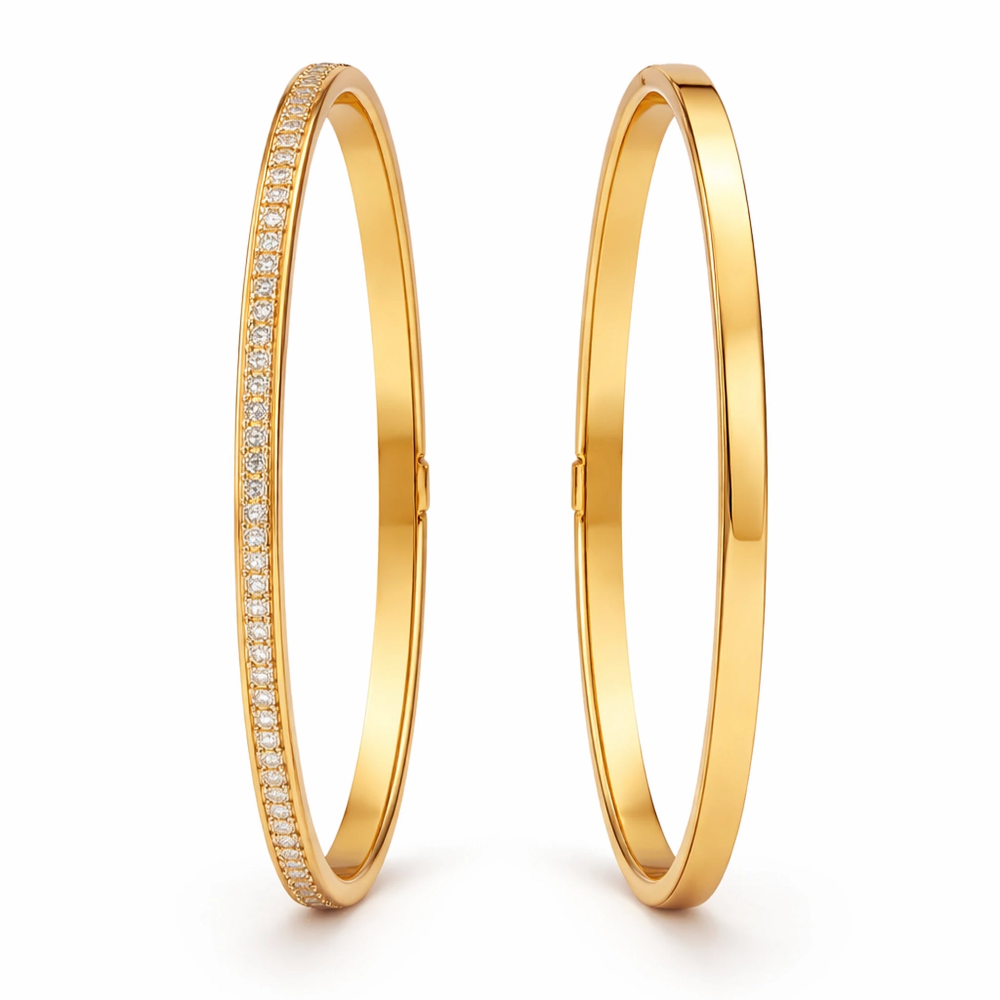 gold plated bangles with diamond accents front and back on a white background