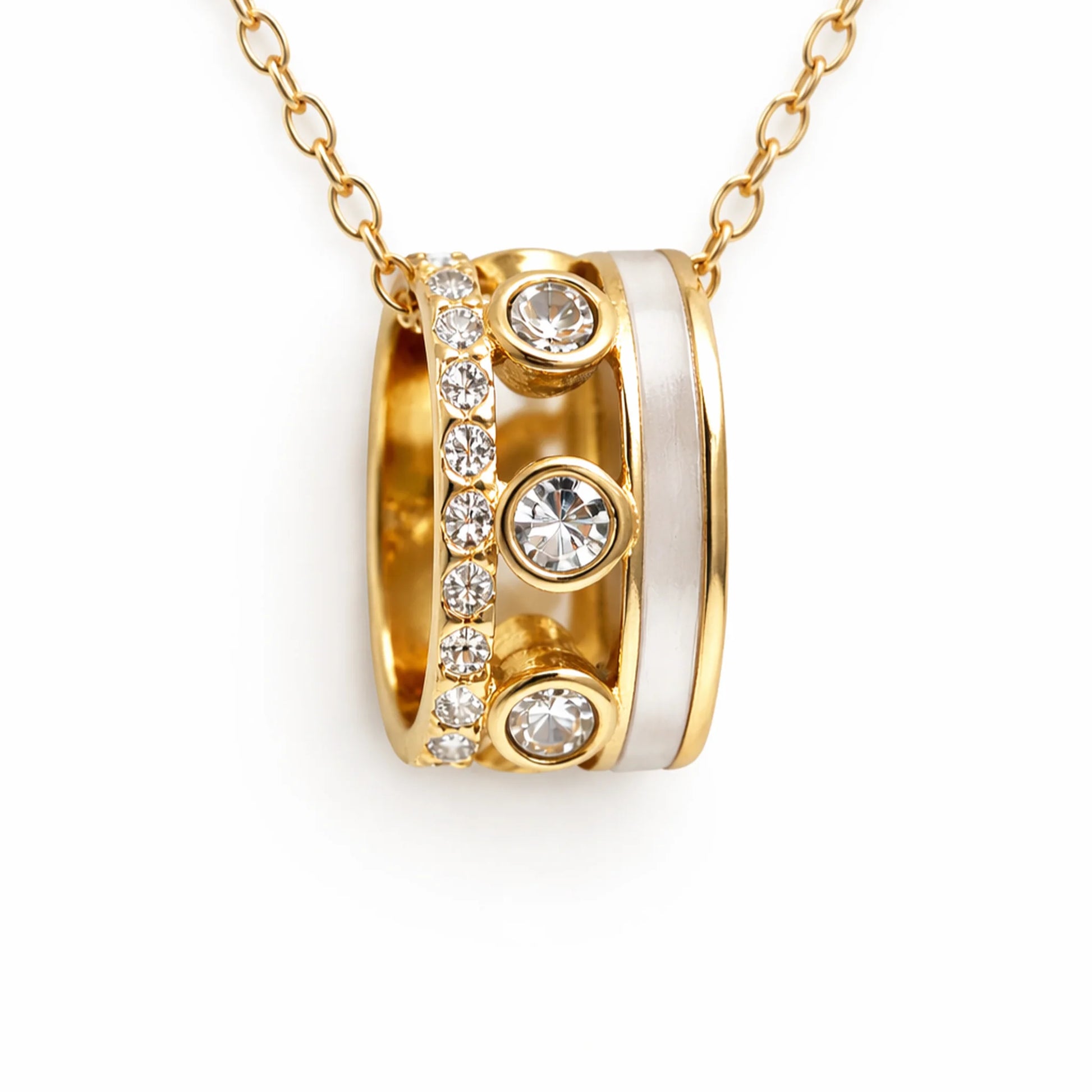 Gold and silver necklace with circular design and embedded stones on a white background