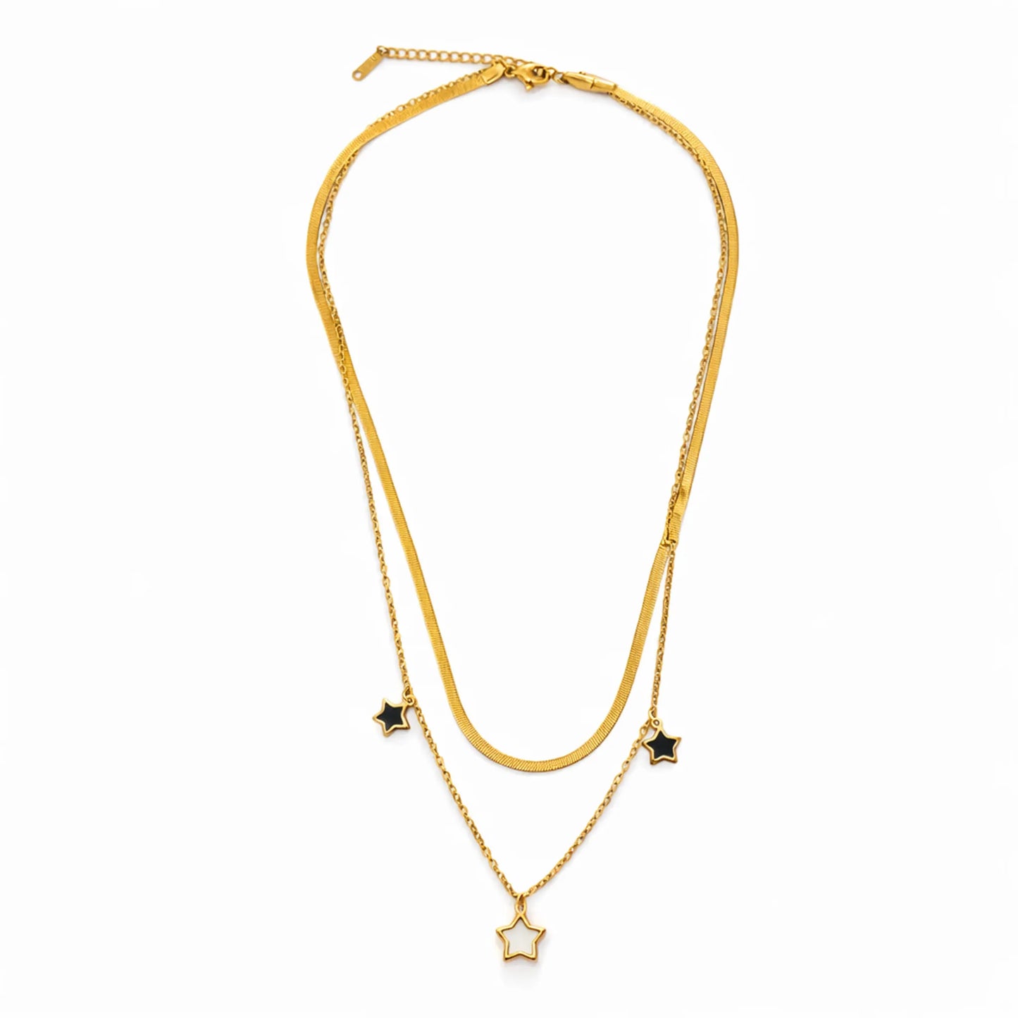 YUBIRAA star layered necklace flatlay on white background, anti tarnish gold jewellery for women