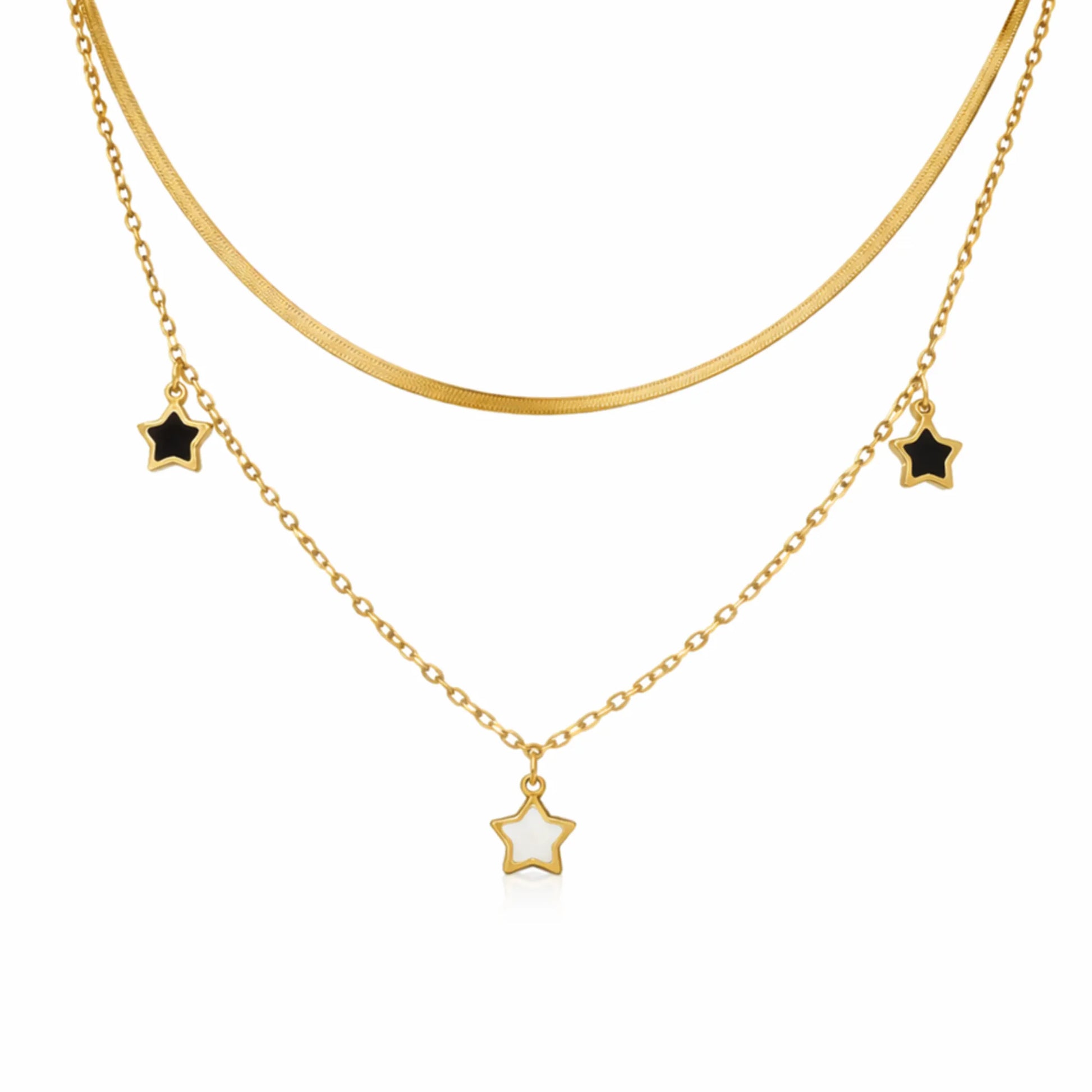 YUBIRAA celestial star layered necklace in gold finish, minimal anti tarnish jewellery