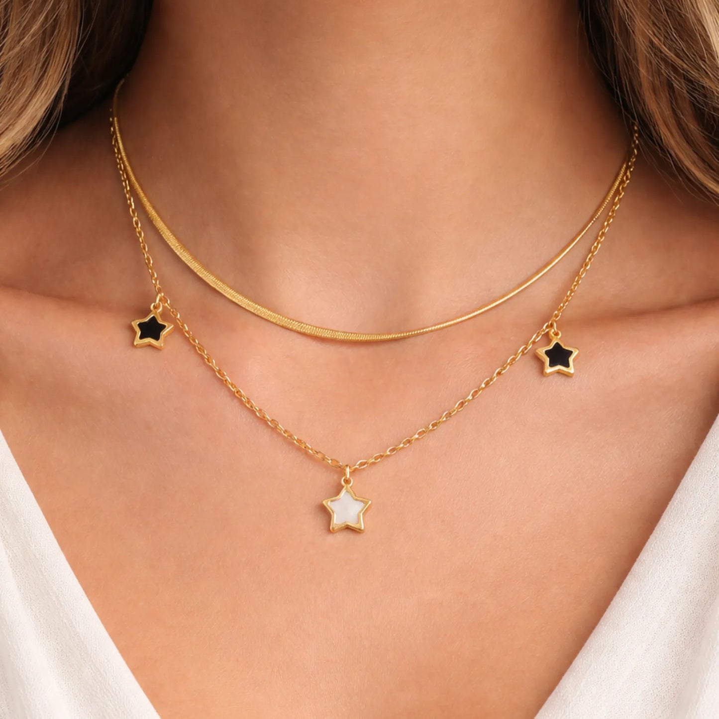 YUBIRAA star layered gold necklace worn on neck, minimal anti tarnish jewellery for everyday wear