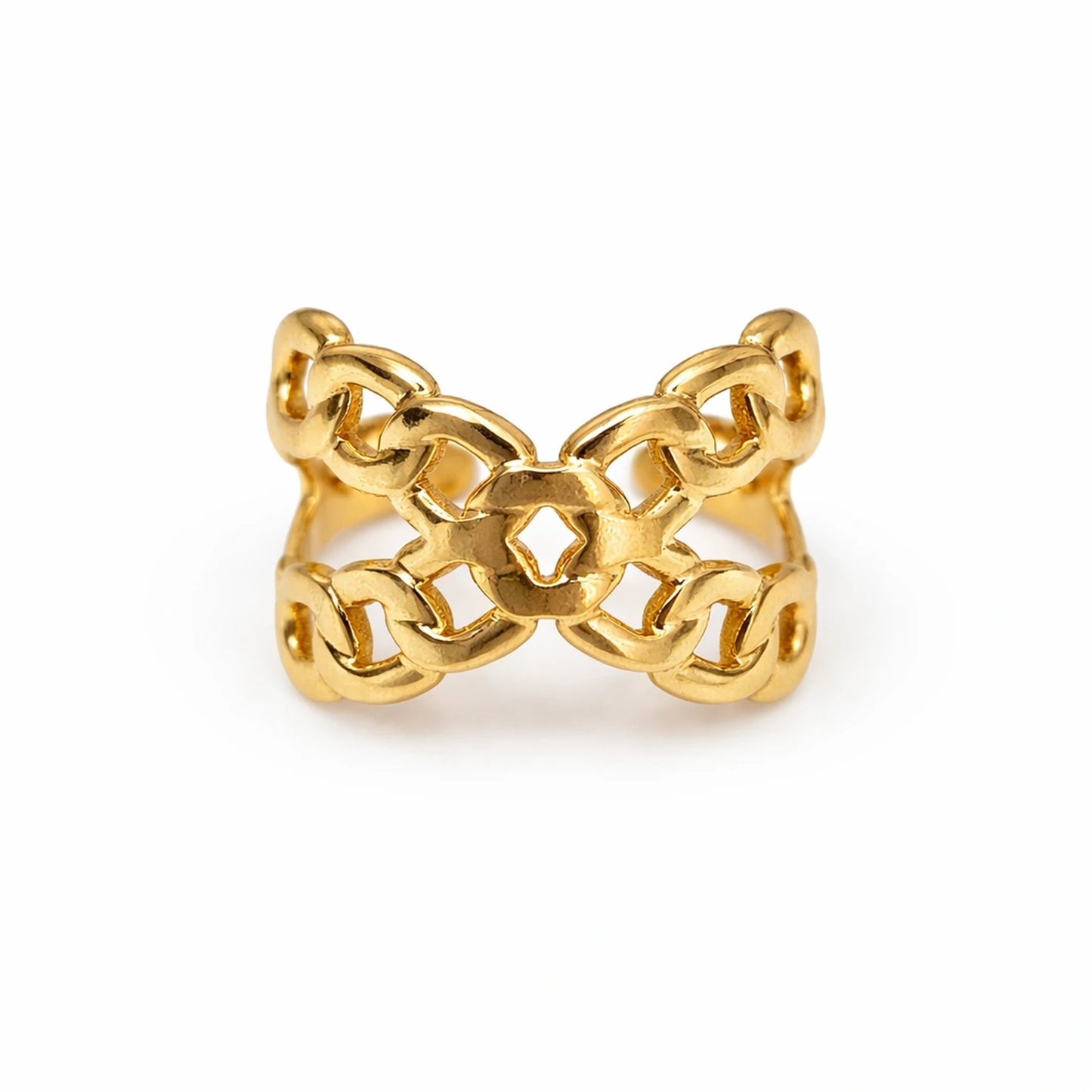 Anti-tarnish adjustable chain link gold ring with double-row interlinked design on a white background – YUBIRAA