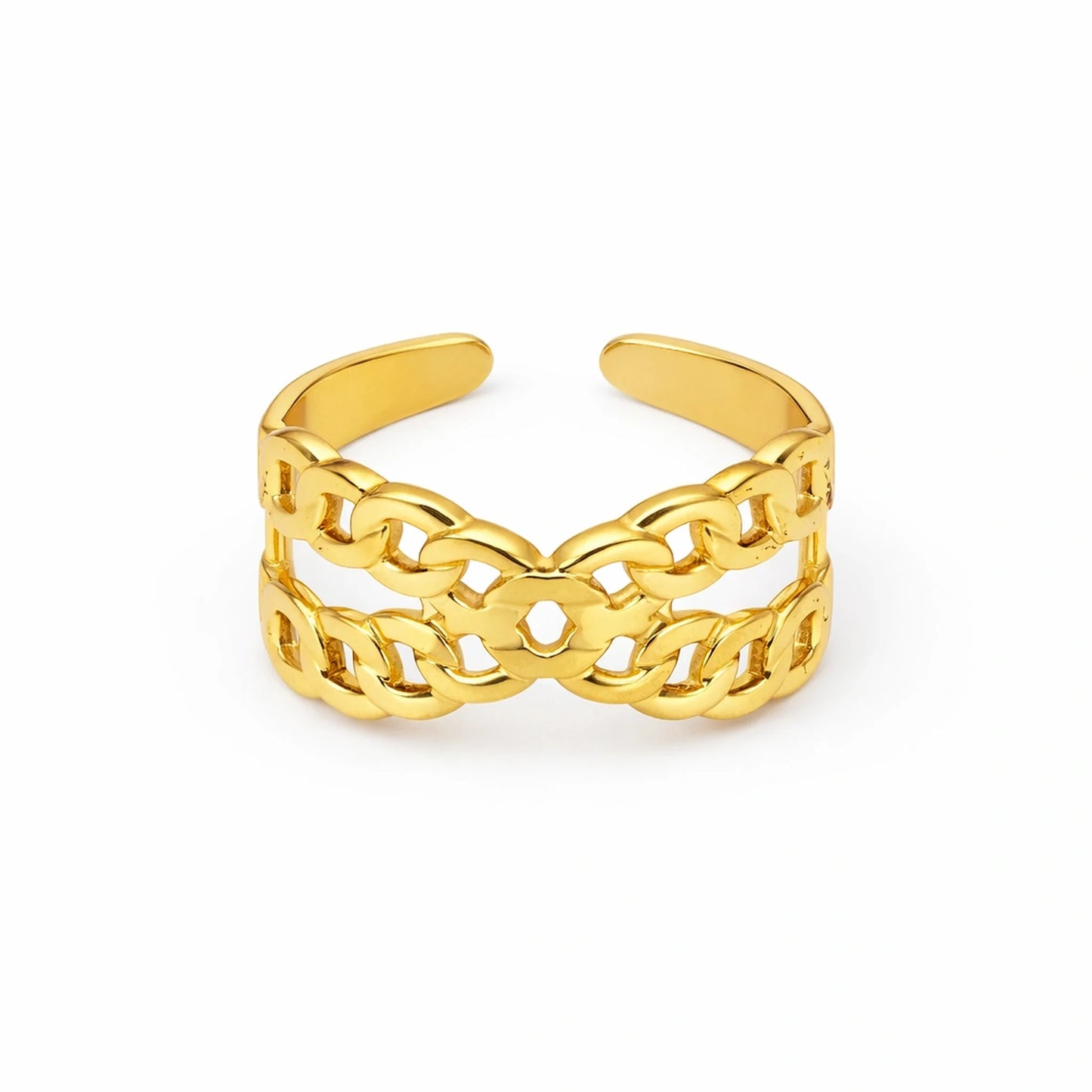 Adjustable anti-tarnish chain link gold ring showing open band design on a white background – YUBIRAA