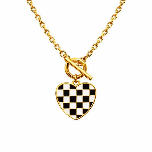 Yubiraa Checker Heart Necklace with anti tarnish gold plated heart pendant in black and white pattern