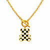 Checker teddy pendant necklace in anti tarnish gold plated finish with black and white enamel design