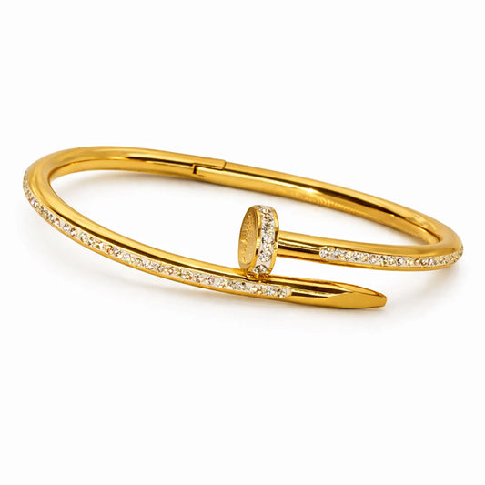 YUBIRAA Classic Diamond Nail Bracelet in gold finish with sparkling stone detailing on white background