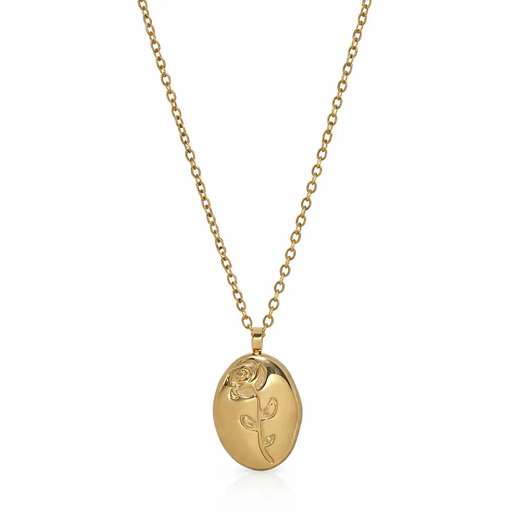 Minimal gold oval rose pendant necklace on white background, elegant everyday jewelry