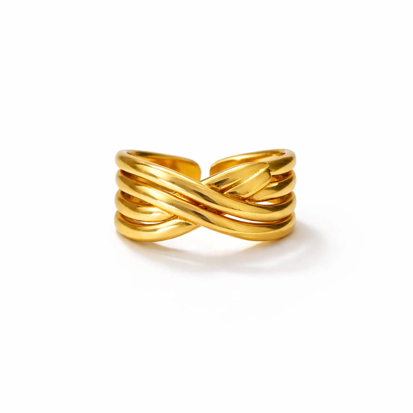 YUBIRAA crossed weave adjustable ring in 18k gold plated anti-tarnish finish with layered band design