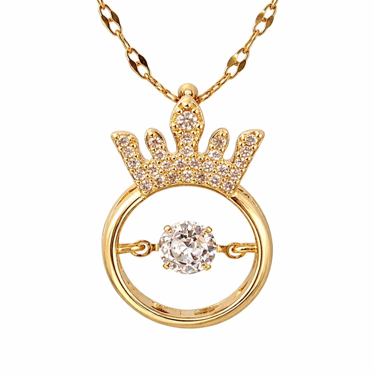 Close-up of crown-inspired circle pendant necklace featuring sparkling crystal details and polished gold finish