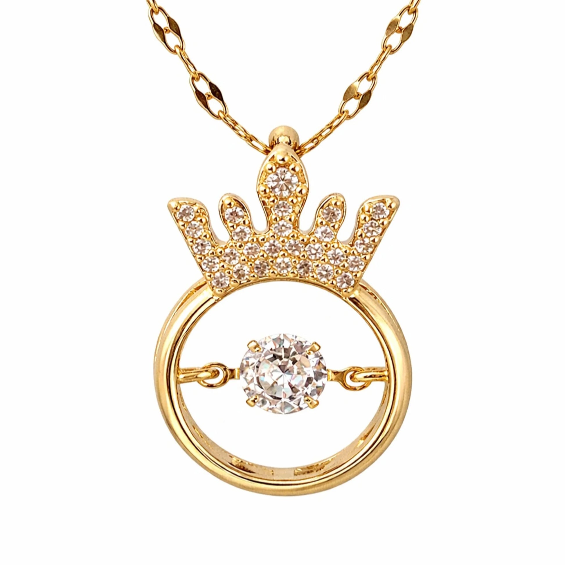 Close-up of crown-inspired circle pendant necklace featuring sparkling crystal details and polished gold finish