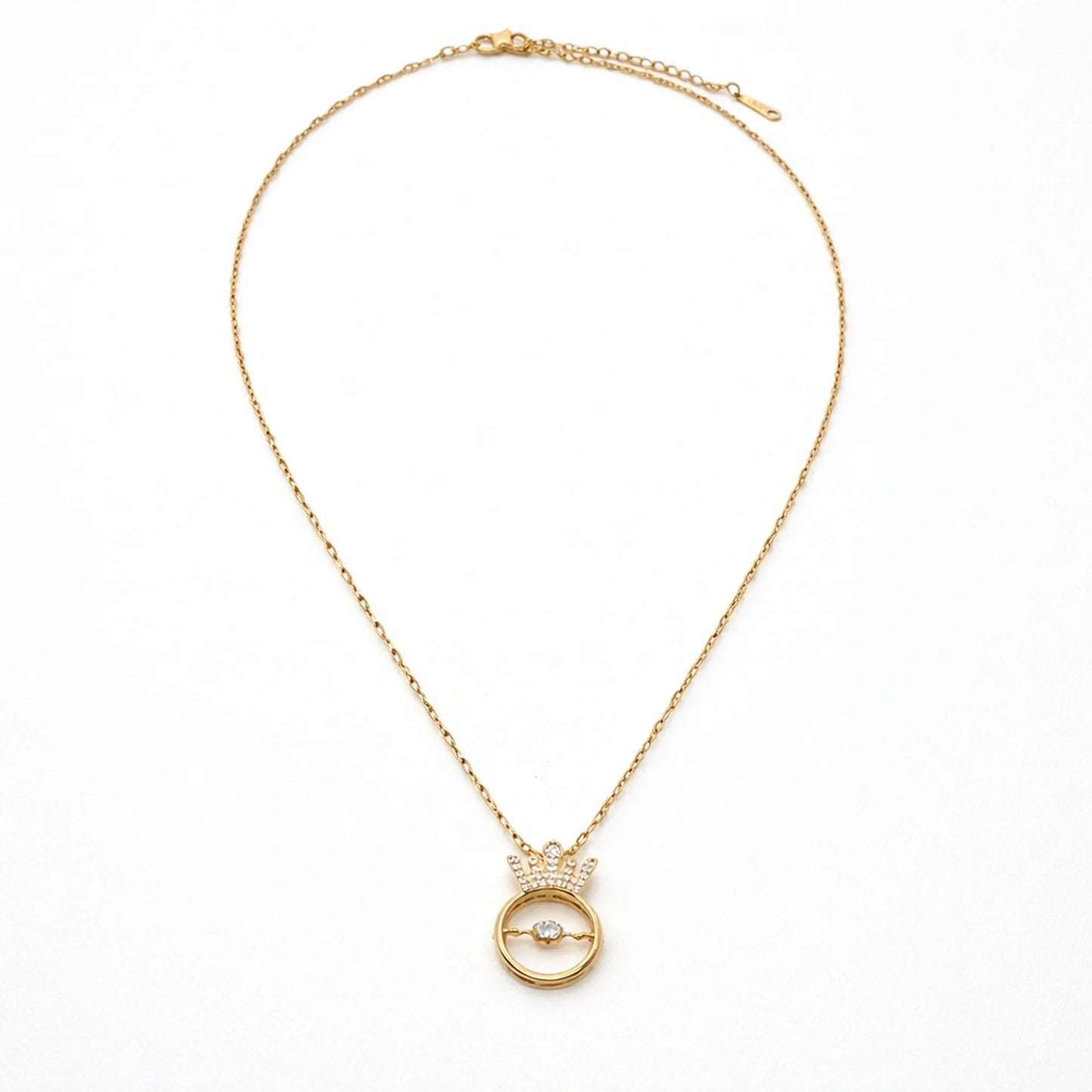 Minimal gold crown circle pendant necklace with delicate chain, shown full length on clean white background