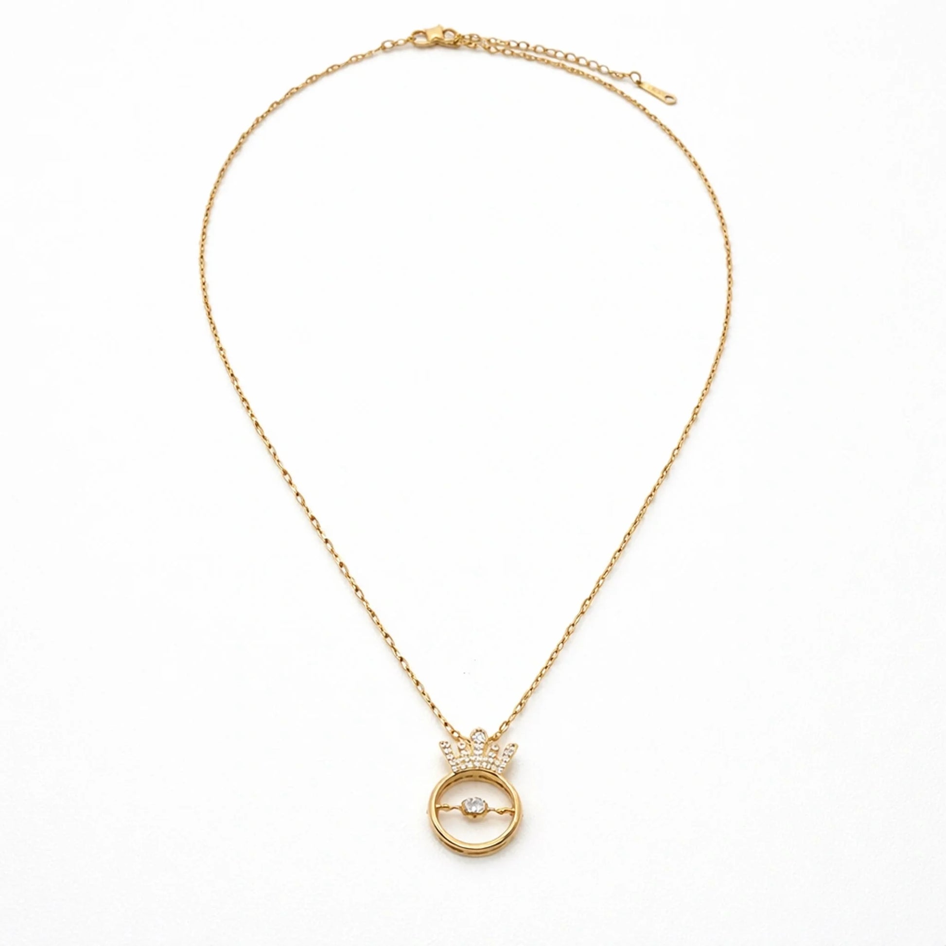 Minimal gold crown circle pendant necklace with delicate chain, shown full length on clean white background