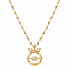 Crown circle pendant necklace in Yubiraa gold tone with central solitaire stone, minimal round design on white background