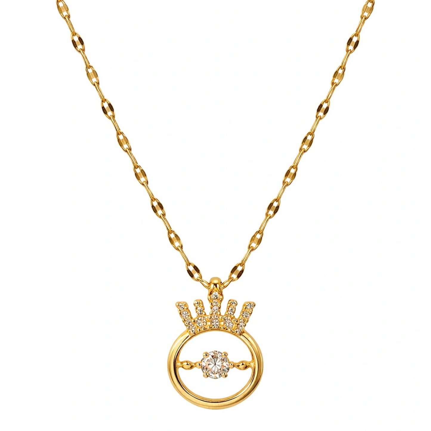 Crown circle pendant necklace in Yubiraa gold tone with central solitaire stone, minimal round design on white background