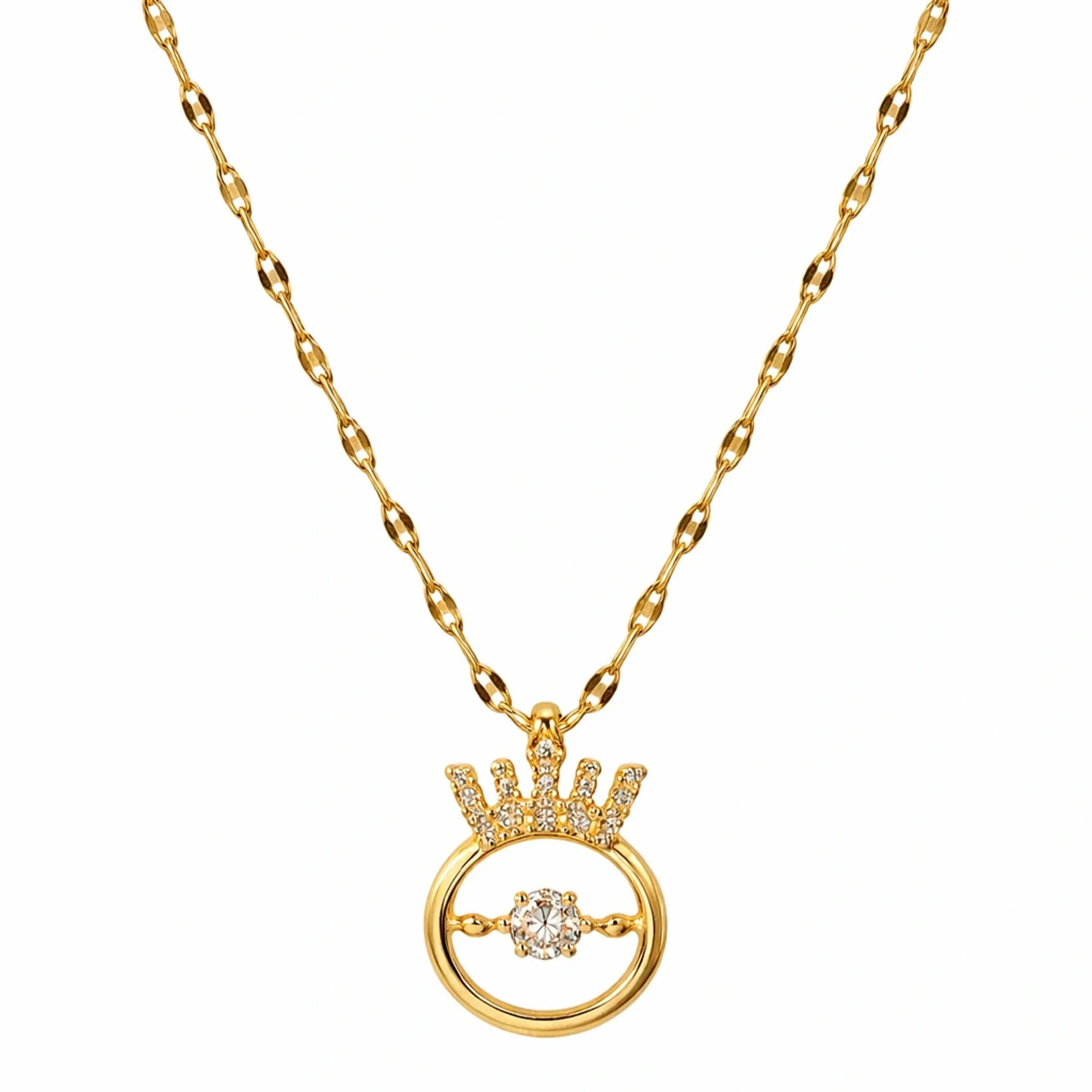 Crown circle pendant necklace in Yubiraa gold tone with central solitaire stone, minimal round design on white background
